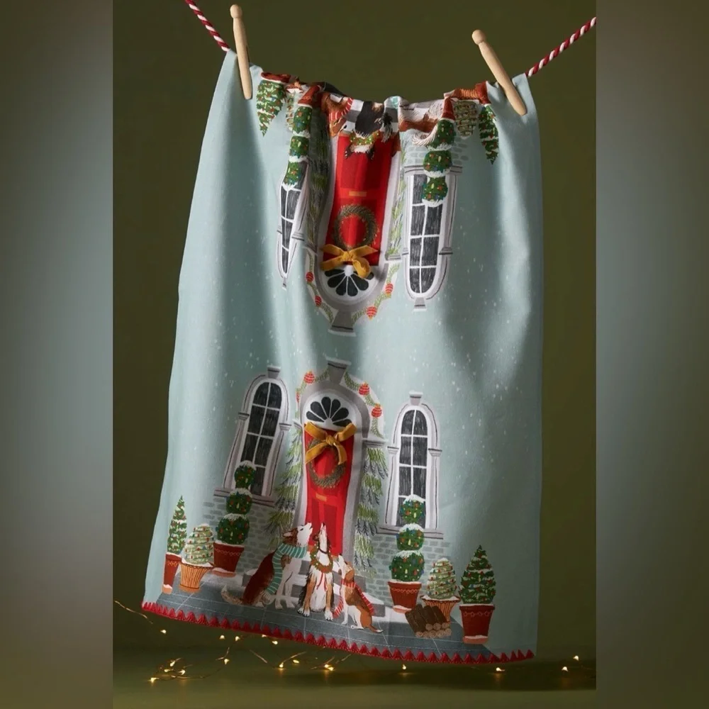 Anthropologie Dog Carolers Dish Towel NEW